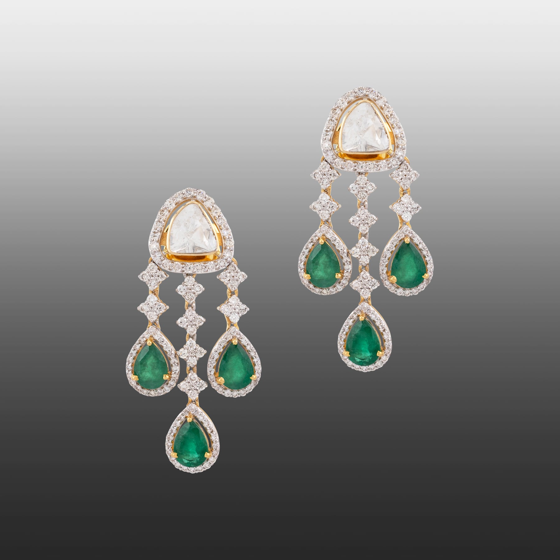 Polki and Zambian Emerald Drop Earrings with Diamond Accents
